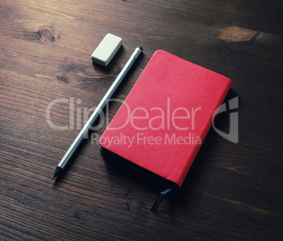 Notepad, pencil, eraser