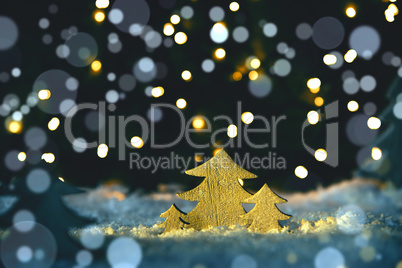 Wooden Christmas Trees, Snow, Blue Lights And Bokeh Background