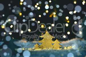 Wooden Christmas Trees, Snow, Blue Lights And Bokeh Background