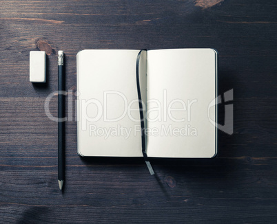 Notebook, pencil, eraser