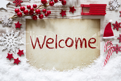 Red Christmas Decoration, Snow, English Text Welcome