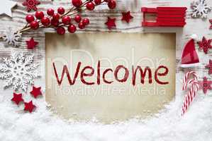 Red Christmas Decoration, Snow, English Text Welcome