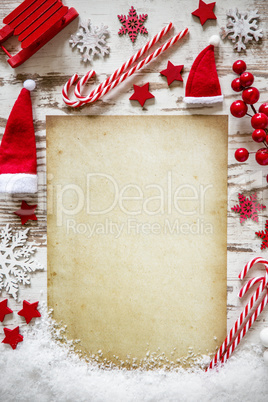 Christmas Flat Lay, Vertical Paper, Copy Space, Snow