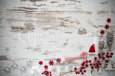 Vintage Flat Lay, White Wooden Background, Christmas Decoration, Copy Space