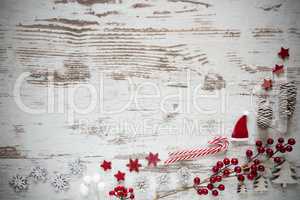 Vintage Flat Lay, White Wooden Background, Christmas Decoration, Copy Space