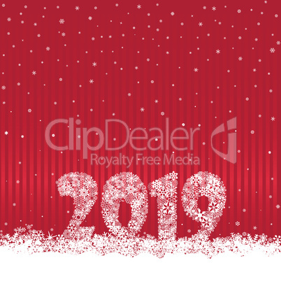 Happy New Year 2019. Snow winter holiday red background. Christm