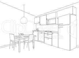 Interior sketch of kitchen room. Outline blueprint design of kit