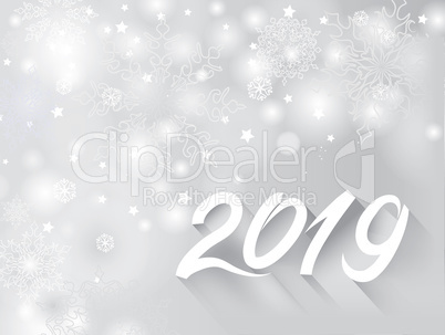 Happy New Year 2019 banner over snow blurry winter holiday backg