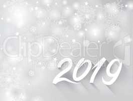 Happy New Year 2019 banner over snow blurry winter holiday backg