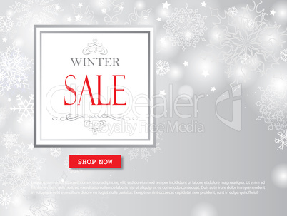 Winter shopping sale banner with lettering. Snow blurred backgro