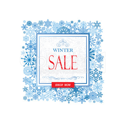 Winter shopping sale banner with lettering. Snow frame backgroun