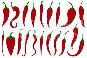 Set of different hot red chili peppers