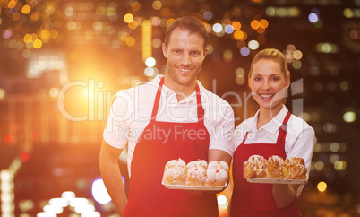 Composite image of portrait of coworker holding dessert in tray