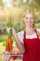 Composite image of portrait of smiling young woman holding carrots