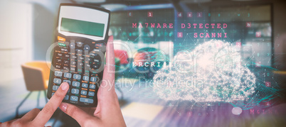 Composite image of hands of businesswoman using calculator