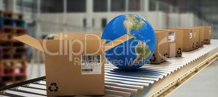 Composite image of blue globe amidst boxes on 3d conveyor belt