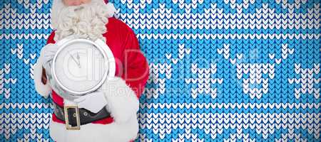 Composite image of happy santa holding a clock
