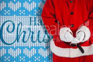 Composite image of midsection of santa claus with hands cupped
