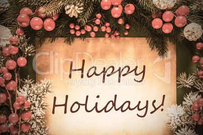 Retro Christmas Decoration, Fir Tree Branch, Text Happy Holidays