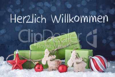Green Christmas Gifts, Snow, Herzlich Willkommen Means Welcome