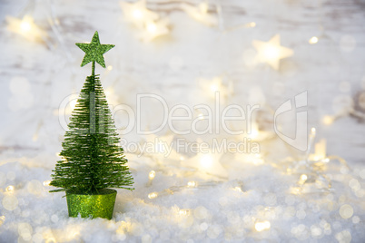Green Christmas Tree, Star, Snow, Fairy Lights