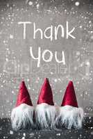 Three Red Gnomes, Cement, Snowflakes, Text Thank You