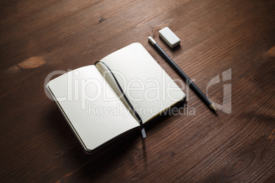 Notepad, pencil, eraser