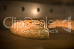 Some bread inside an industrial oven