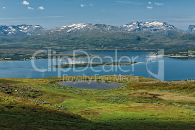 Mountains, fjord and lake in Tromso, Norway
