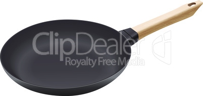 Realistic vector iron pan. Cast-iron pan with wooden handle.