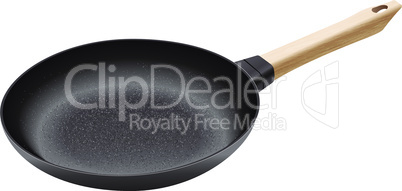 Realistic vector iron pan. Cast-iron pan with wooden handle.