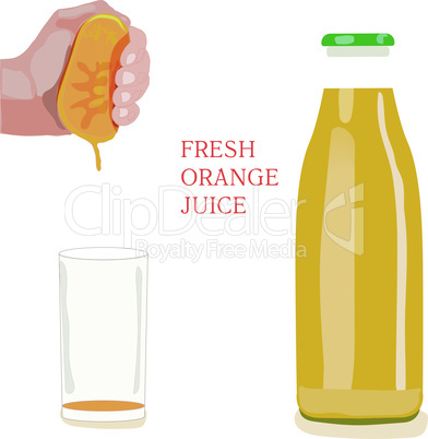Vector bottle of orange juice with empty glass and hand pressing an orange