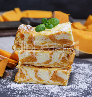 pieces of baked cheesecake cottage cheese with pumpkin