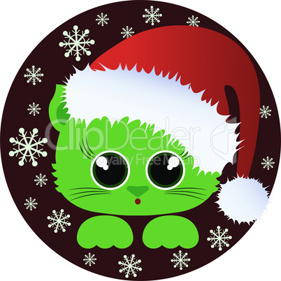 Cute green cat with santa cap and snowflakes