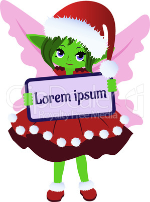 Green elf girl in red dress holding a nameplate