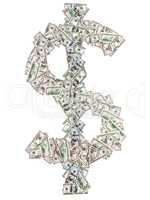 American dollar money sign symbol shape by paper currency cash