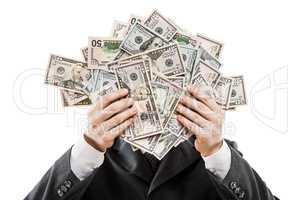 Businessman in black suit hand holding US dollar currency money