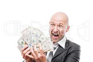 Businessman in black suit hand holding US dollar currency money