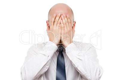 Crying tired or stressed businessman in depression hand hiding face