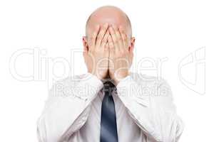 Crying tired or stressed businessman in depression hand hiding face