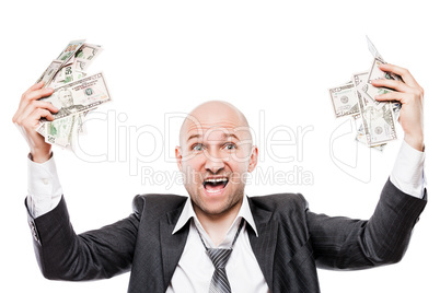 Businessman in black suit hand holding US dollar currency money