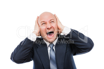 Loud shouting or screaming tired stressed businessman hands covering ears