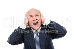 Loud shouting or screaming tired stressed businessman hands covering ears