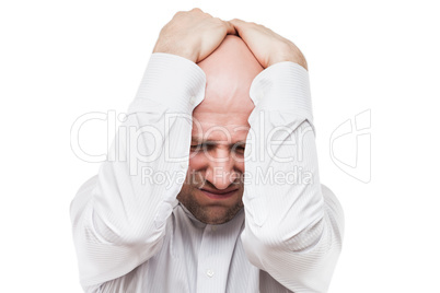 Crying tired or stressed businessman in depression hand hiding face