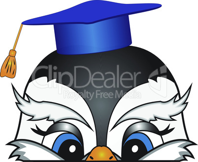 The head of a cartoon bird in an academic cap