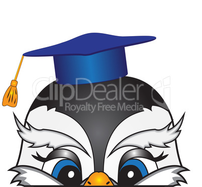 The head of a cartoon bird in an academic cap