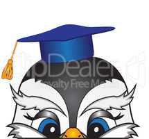 The head of a cartoon bird in an academic cap