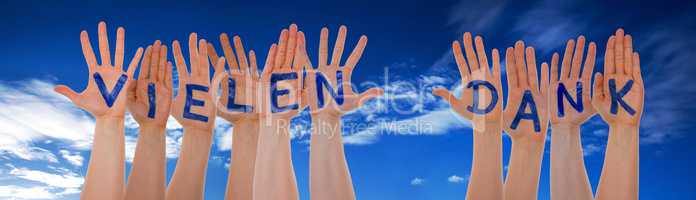 Many Hands Building Vielen Dank Means Thank You, Blue Cloudy Sky