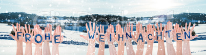 Hands Building Frohe Weihnachten Means Merry Christmas, Winter Scenery