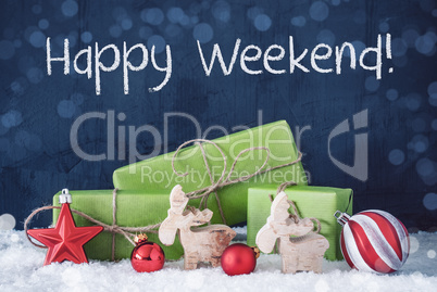 Green Christmas Gifts, Snow, Decoration, Text Happy Weekend